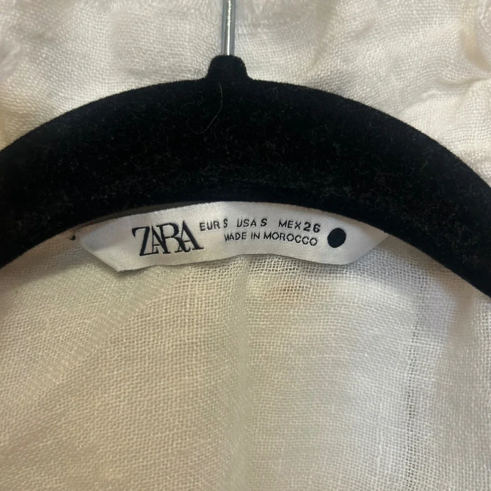 Zara White‎ Linen Blend Frayed Tie Front Puff Sleeve Blouse 3269/048/712/S Small